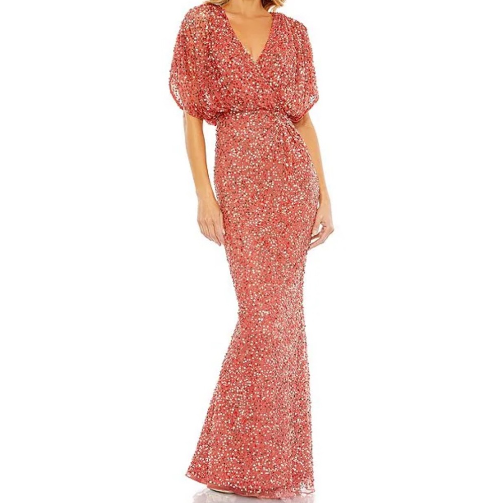 Mac Duggal Sequin V-Neck Draped 3/4 Sleeve Blouson Bodice Sheath Gown